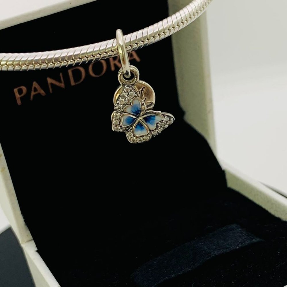 Pandora Blue Butterfly & Quote Double Dangle Charm Gem